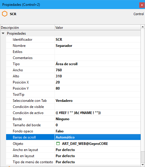 Propiedades del área de scroll